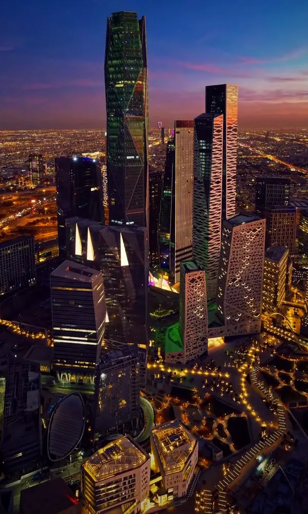 The financial district lit up at night.